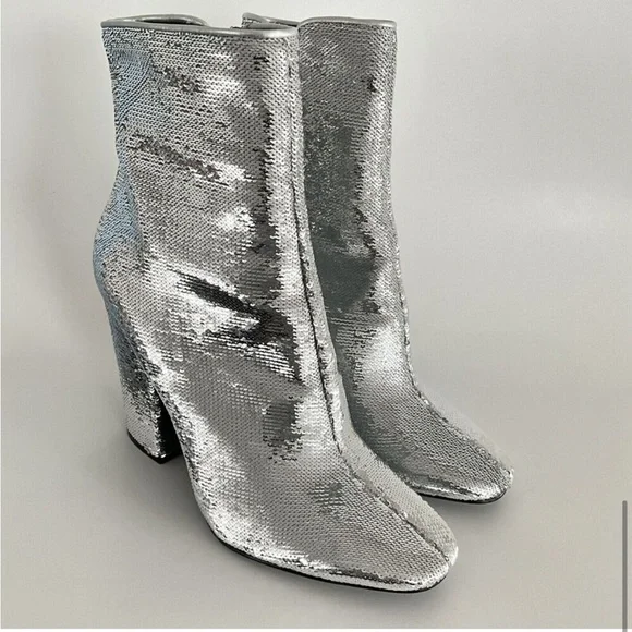 Kendall + Kylie Bootie Silver Sequin Haedyns Square-toe Ankle Boots - Picture 2 of 11